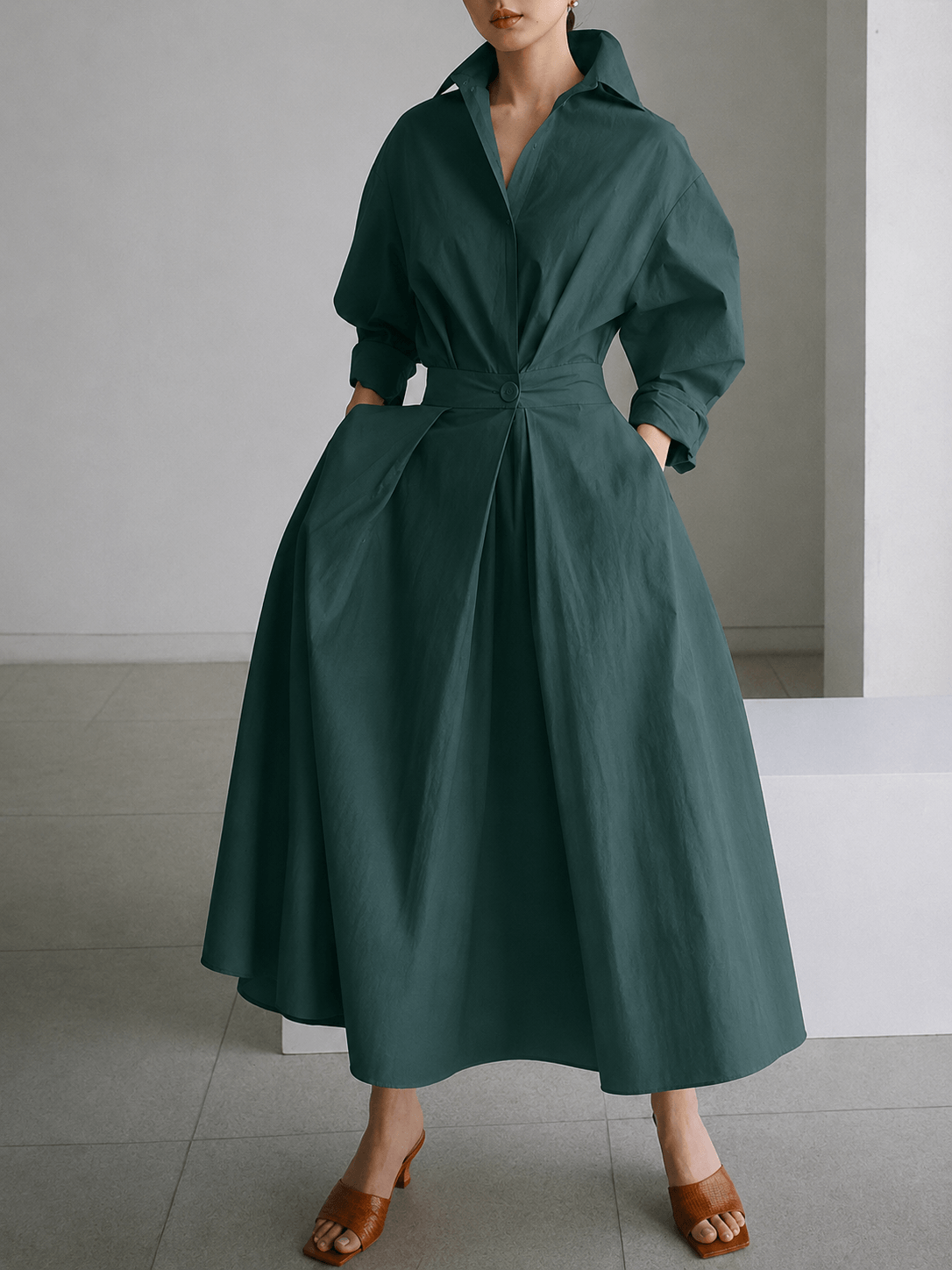Sofia Collared A-Line Midi Dress with Pockets and 3/4 Sleeves