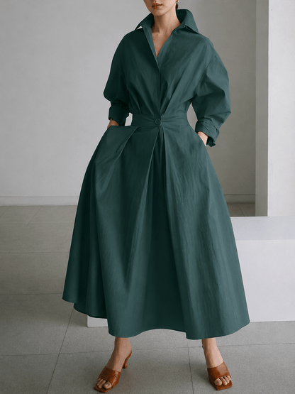 Sofia Collared A-Line Midi Dress with Pockets and 3/4 Sleeves