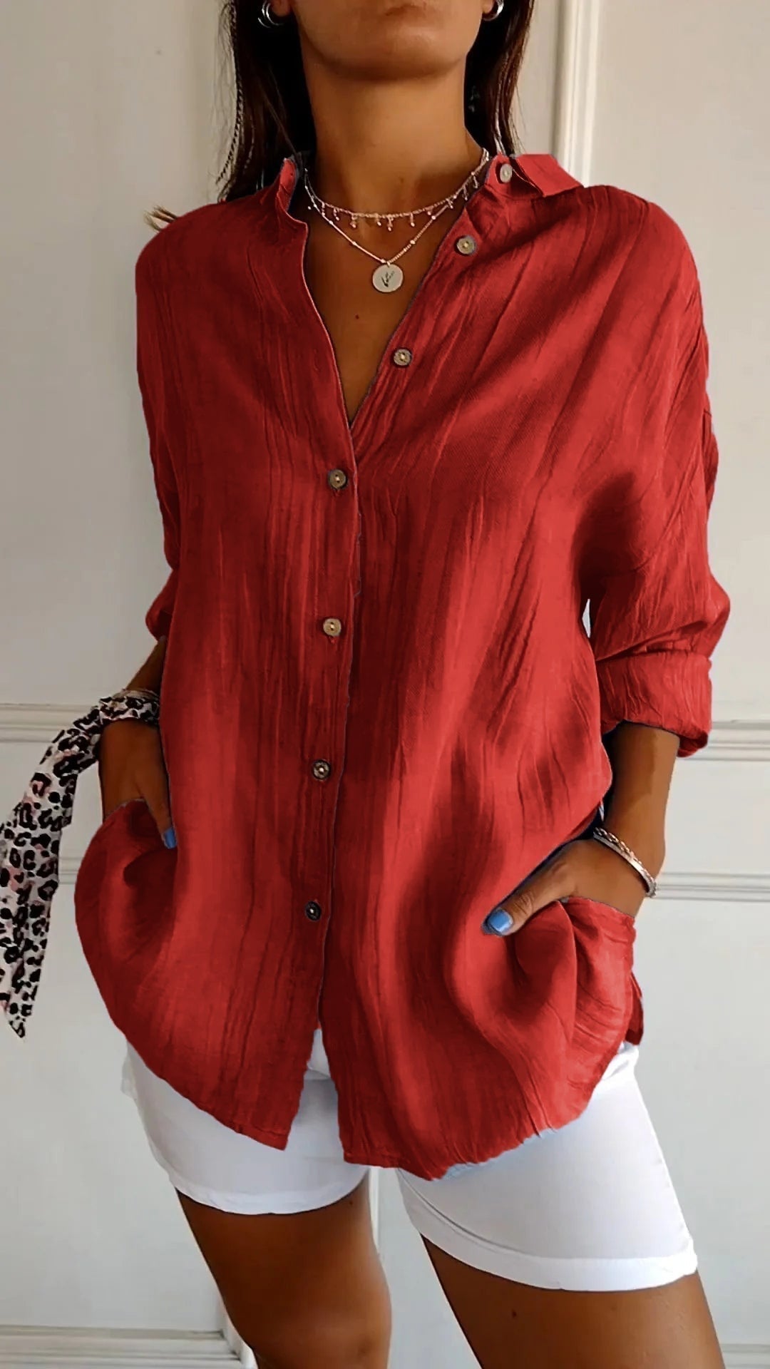 Sasha Pleated Cotton Blend Long-Sleeve Blouse for Women with Button-Up Front