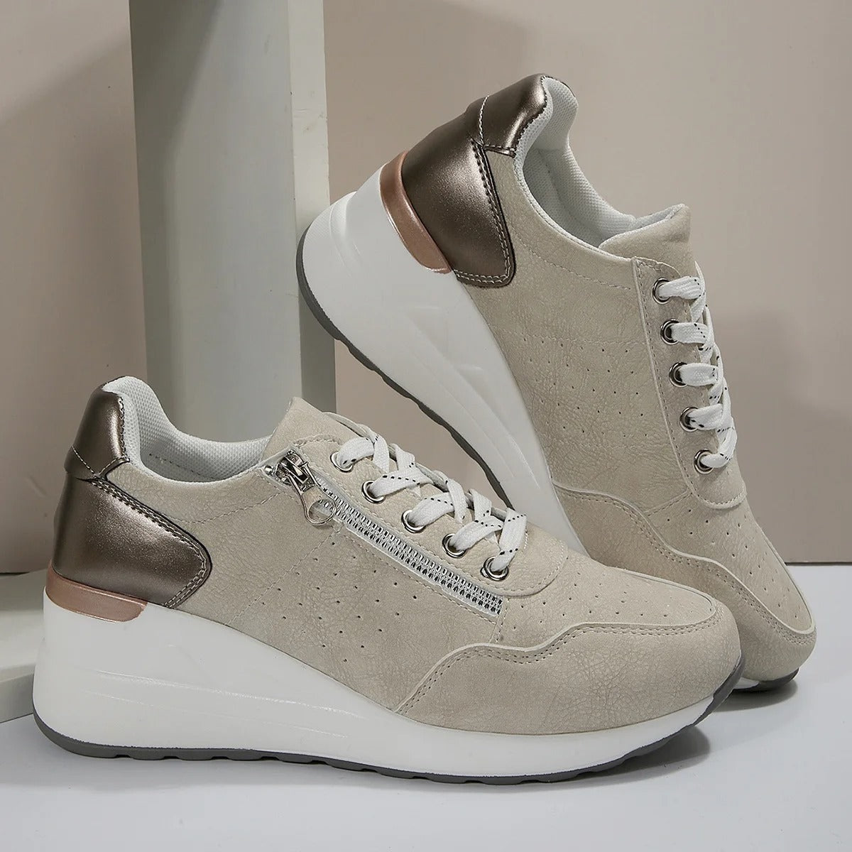 Lace-Up Wedge Sneakers with Side Zip and Perforated Detail