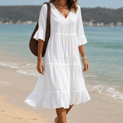 Solera Tiered Cotton Midi Dress with V-Neck Tassel Tie and Flared Sleeves