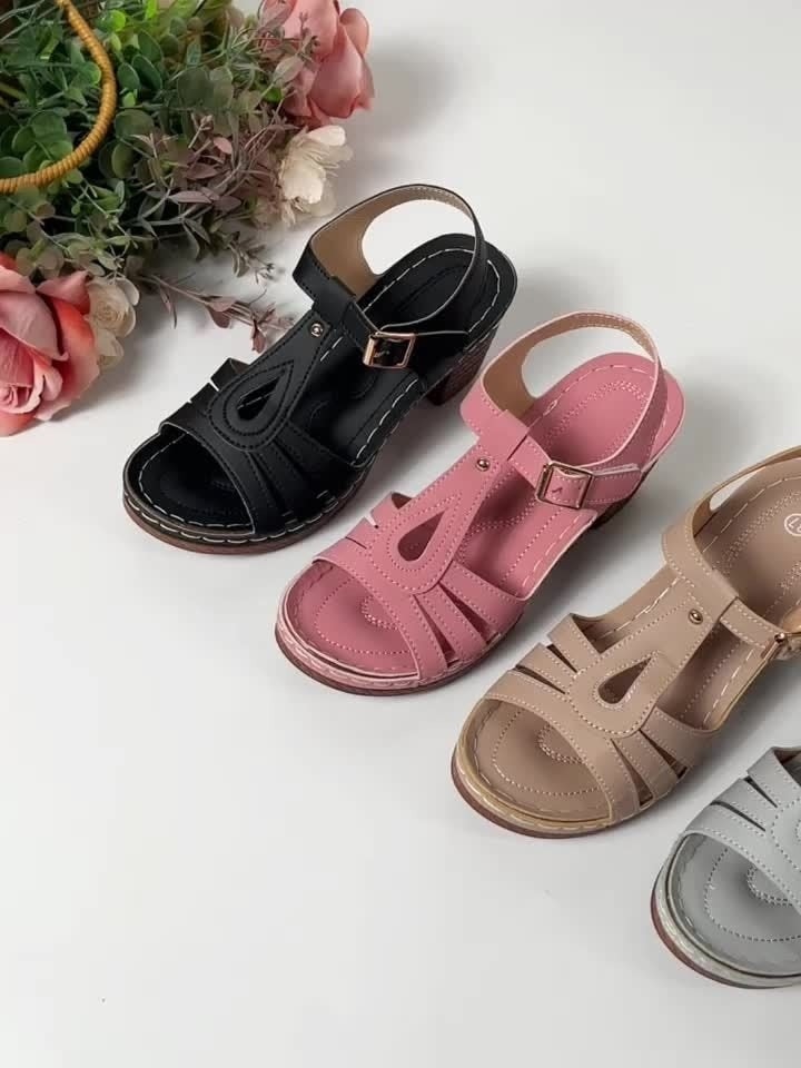 Women's Cushioned Block Heel Sandals with Ankle Buckle Strap
