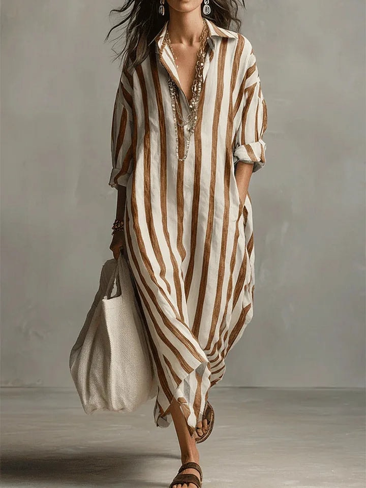 Pepa Striped Cotton Women's Midi Dress with Shirt Collar and Rolled Sleeves