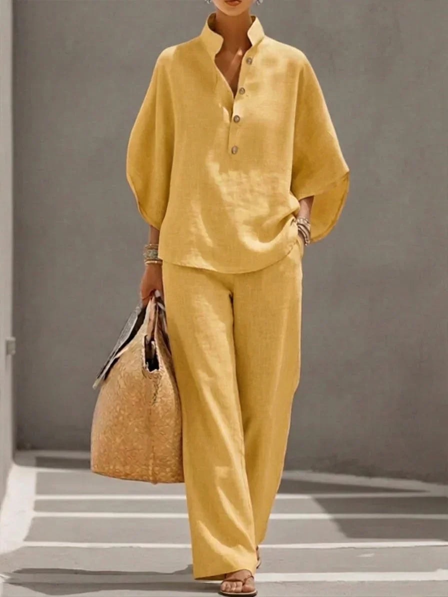 Linen Blouse and Wide-Leg Pant Set with Batwing Sleeves