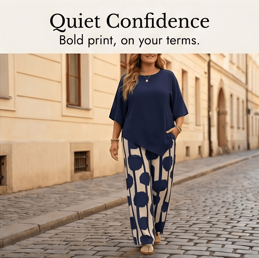 Women's Matching Two-Piece Set with Asymmetric Hem Top and Printed Wide-Leg Pants