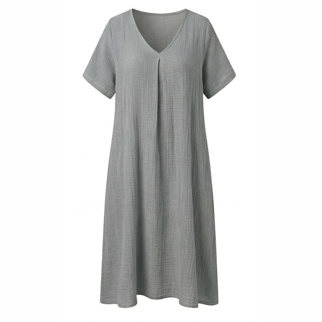Women's Cotton Linen V-Neck Midi Summer Dress with Short Sleeves