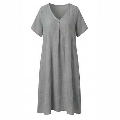 Women's Cotton Linen V-Neck Midi Summer Dress with Short Sleeves