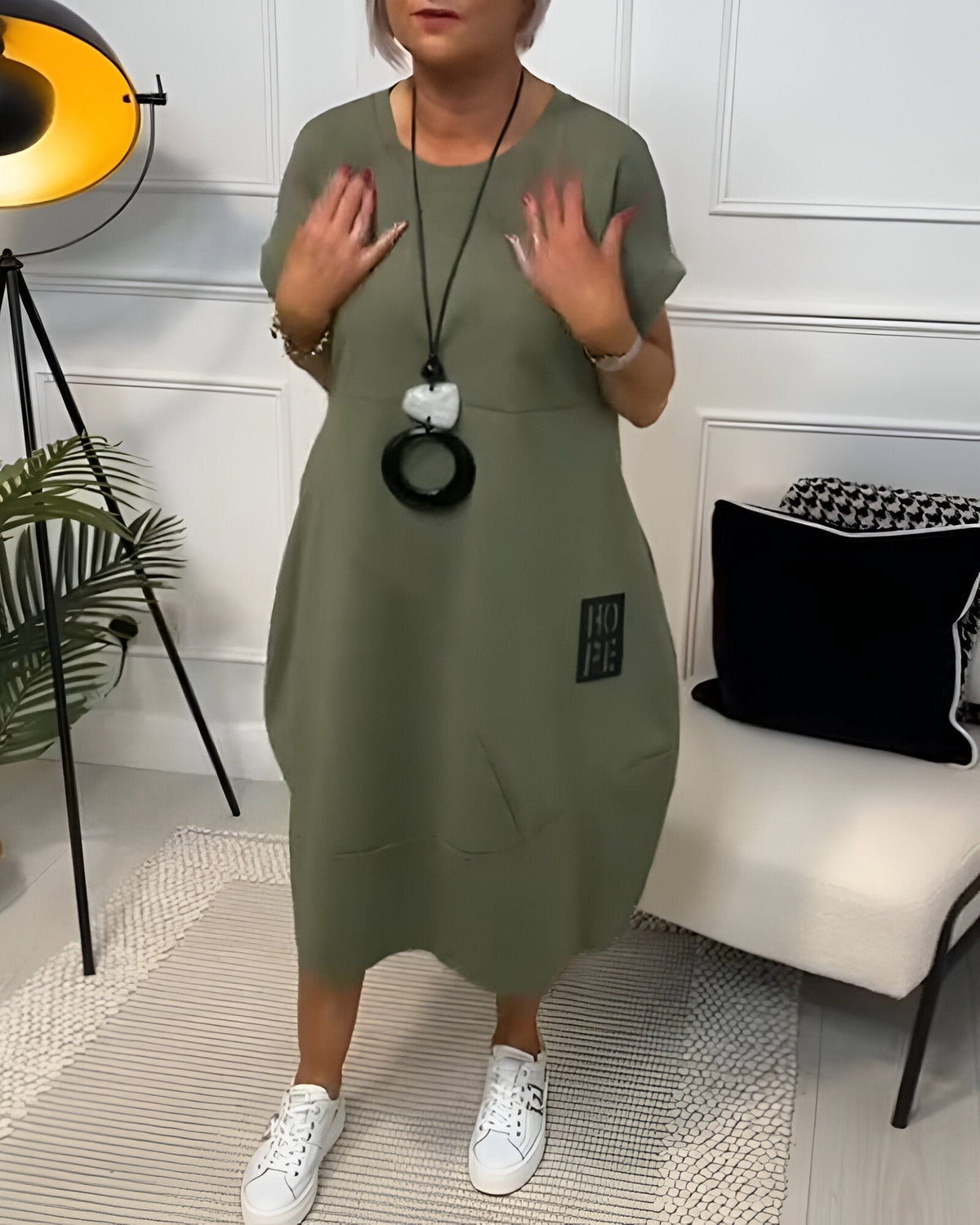 Bessie Relaxed Drop-Shoulder Short-Sleeve Dress with Pockets in Midi Length