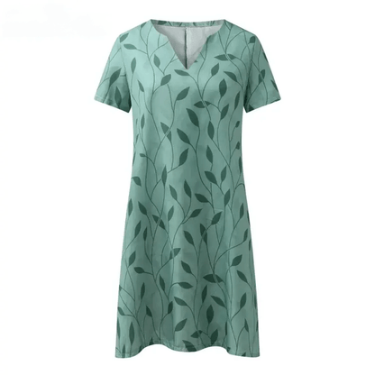 Leaf Print V-Neck Short Sleeve Knee-Length Shift Dress for Everyday Wear