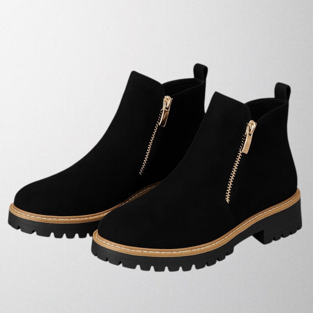 Tara Sinclair Suede Ankle Black Boots With Gold Zip Detail for Women