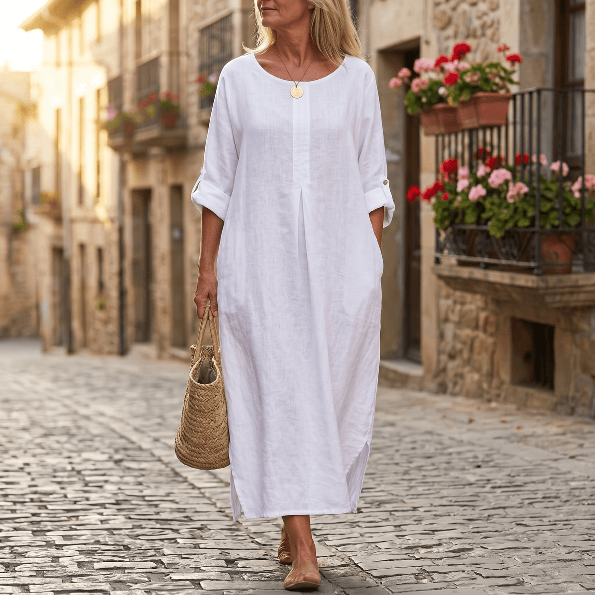 Women's Linen Summer Midi Dress with Roll-Up Sleeves and Side Pockets