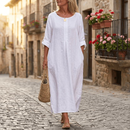 Women's Linen Summer Midi Dress with Roll-Up Sleeves and Side Pockets