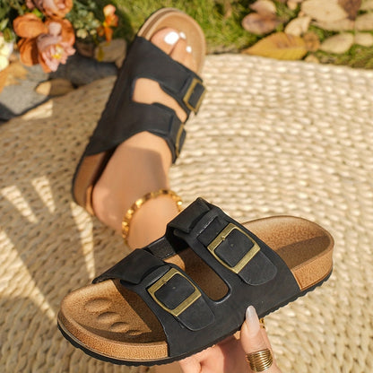 Women's Buckle-Strap Footbed Slide Sandals with Double Adjustable Straps