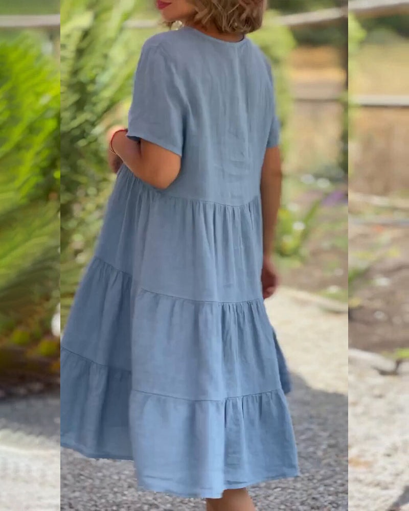 Elsie Tiered V-Neck Cotton Linen Summer Dress with Short Sleeves