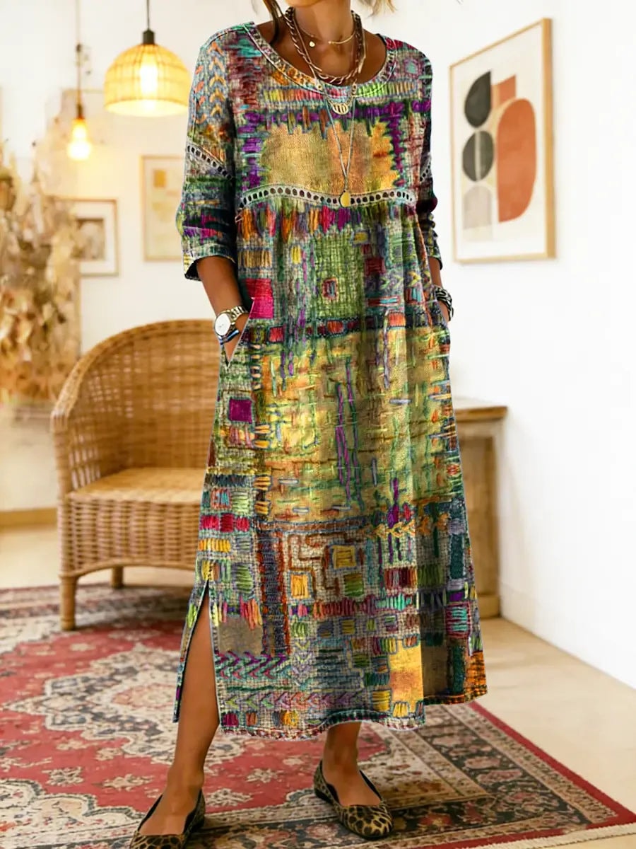 Manuela Ethnic Patchwork Three-Quarter Sleeve Cotton Blend Midi Dress for Women