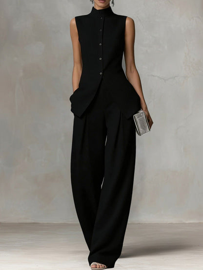 Sleeveless Stand Collar Wide-Leg Linen Jumpsuit with Side Pockets