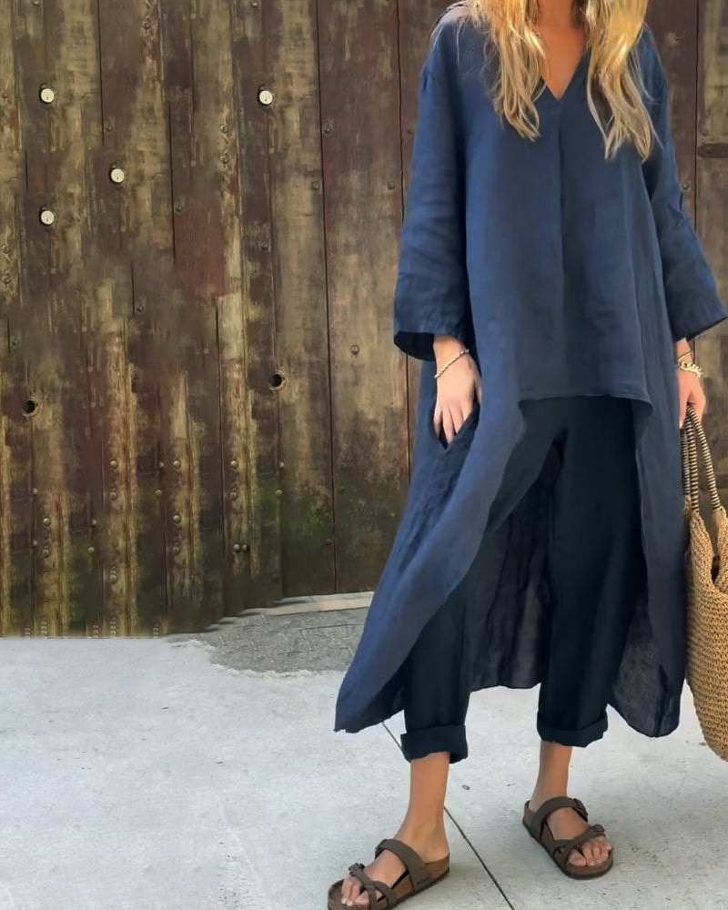 Vimosa Relaxed Linen Co-Ord Set with Longline V-Neck Top and Wide-Leg Pants