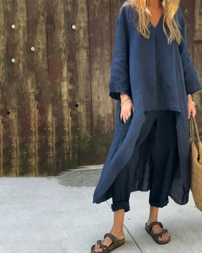 Vimosa Relaxed Linen Co-Ord Set with Longline V-Neck Top and Wide-Leg Pants