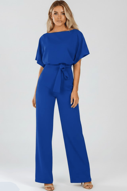 Women's Wide-Leg Linen Jumpsuit with Tie Waist and Belt Detail