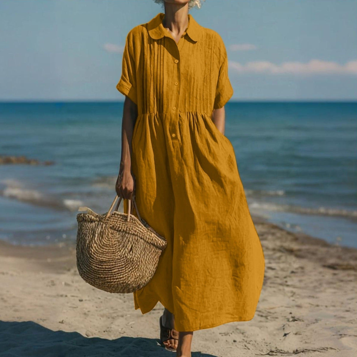 Harper Sutton Pintuck Linen Collared Midi Shirt Dress for Women