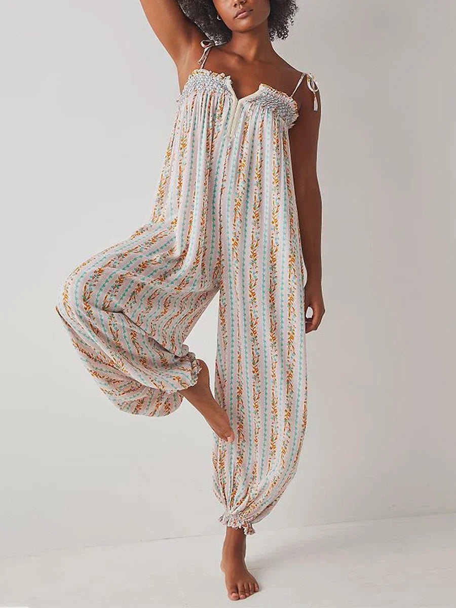 Women's Boho Harem Linen Jumpsuit with Tie-Shoulder Straps