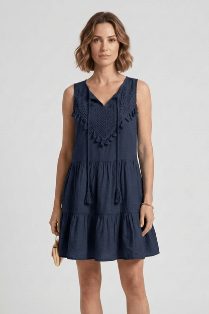 Women's Sleeveless Mini Summer Dress with Tassel Tie V-Neck and Tiered Skirt