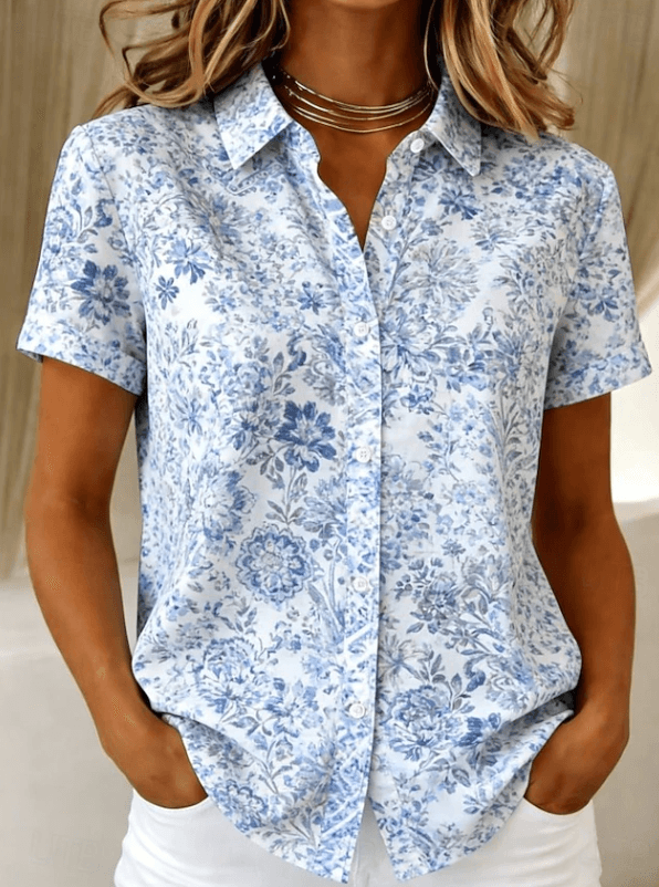 Collared Floral Print Short Sleeve Button-Up Top for Summer