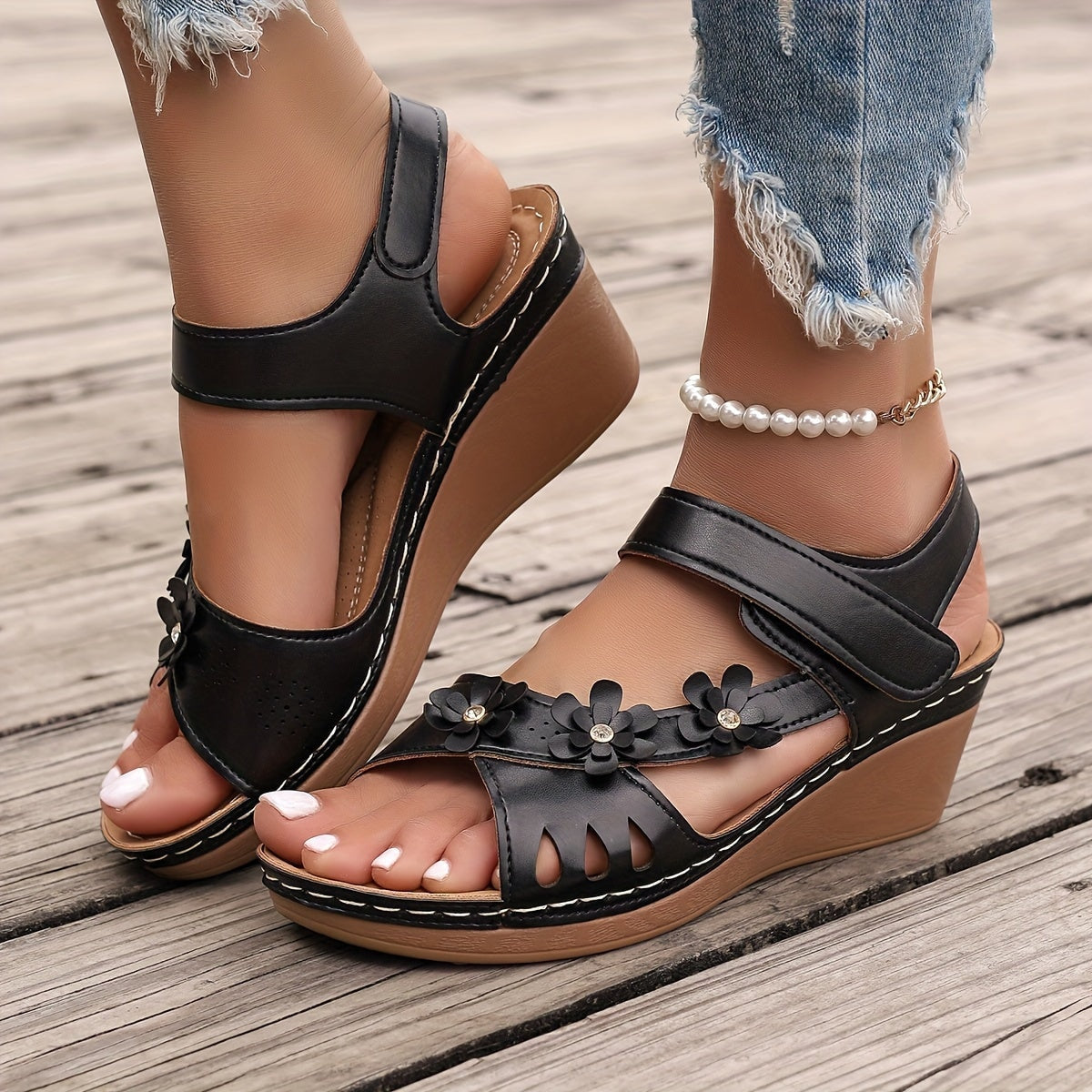 Elise Sheridan | Floral Wedge Sandals with Cushioned Footbed