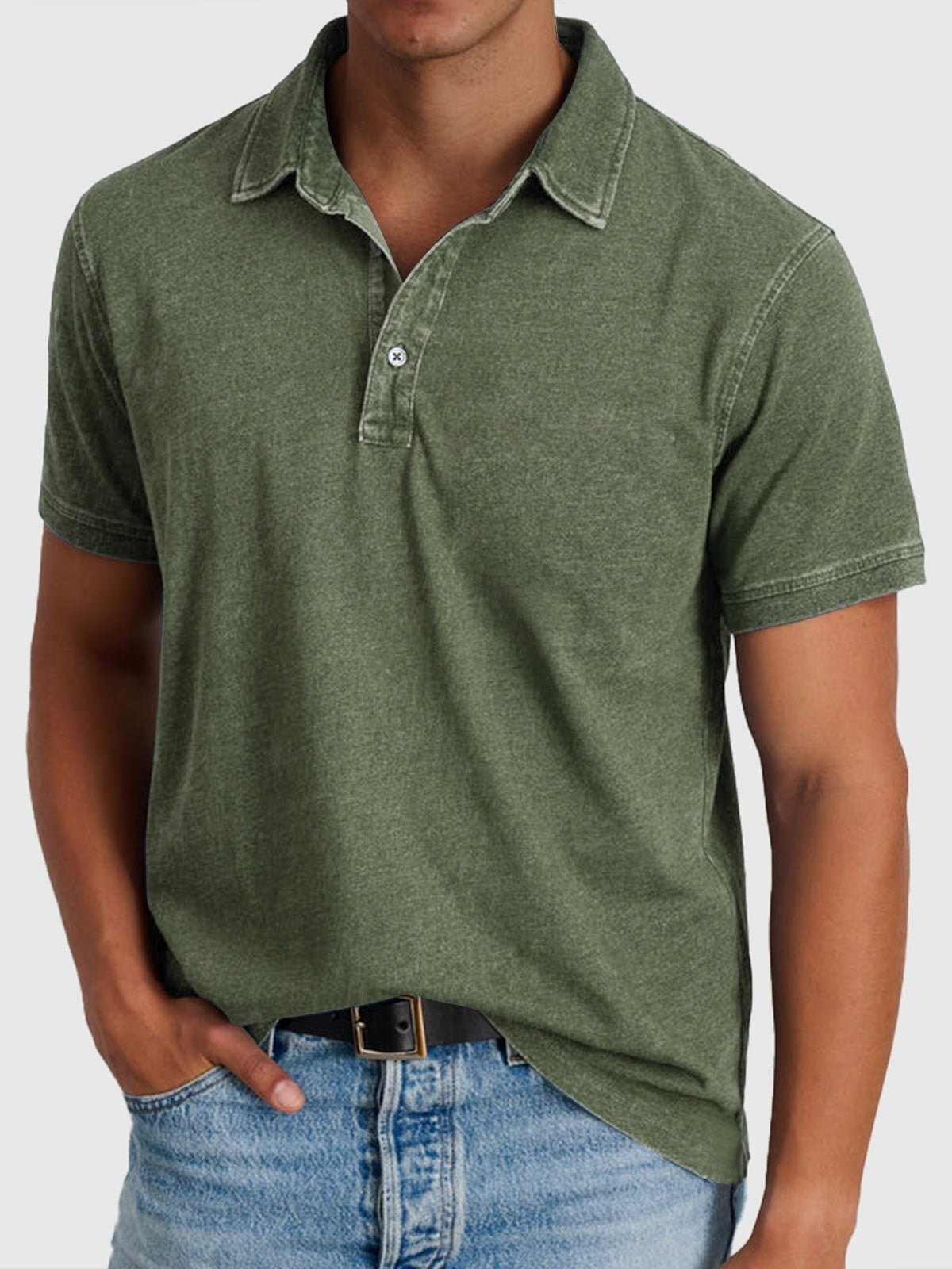 Men's Short-Sleeve Denim-Wash Cotton Polo Shirt