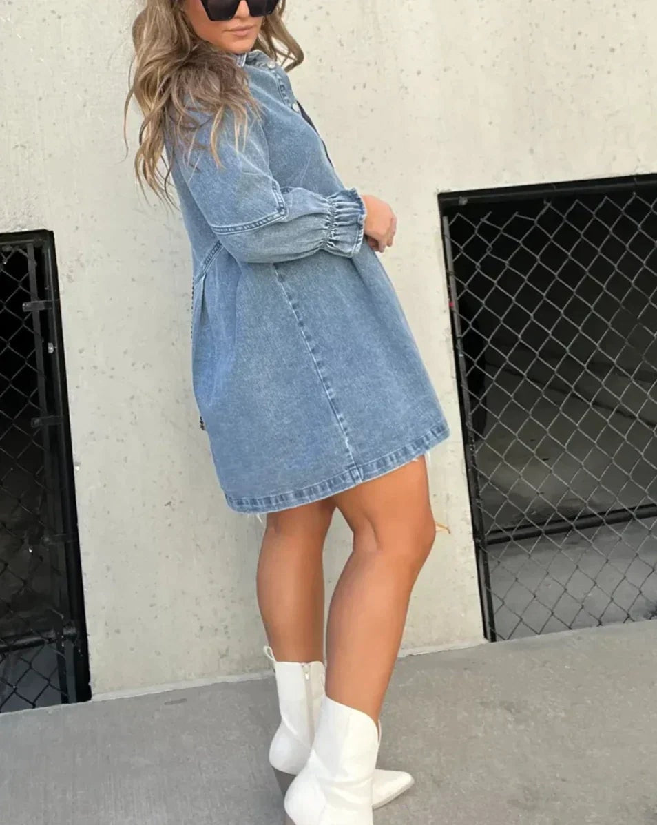 Daniela Denim Button-Down Ruffle-Sleeve Mini Shirt Dress for Women
