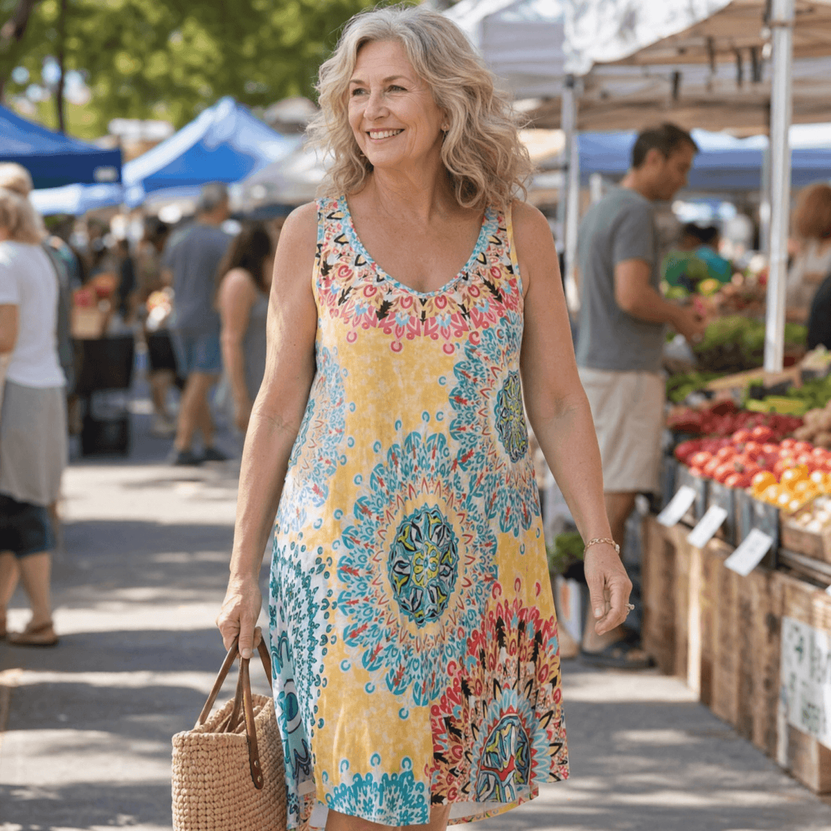 Women's Sleeveless A-Line Mandala Print Summer Dress with Scoop Neck