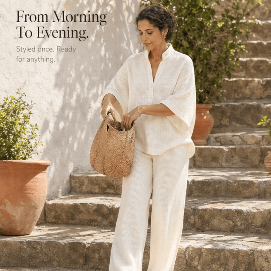 Vienelle Waffle-Knit Two-Piece Lounge Set with Wide-Leg Pants