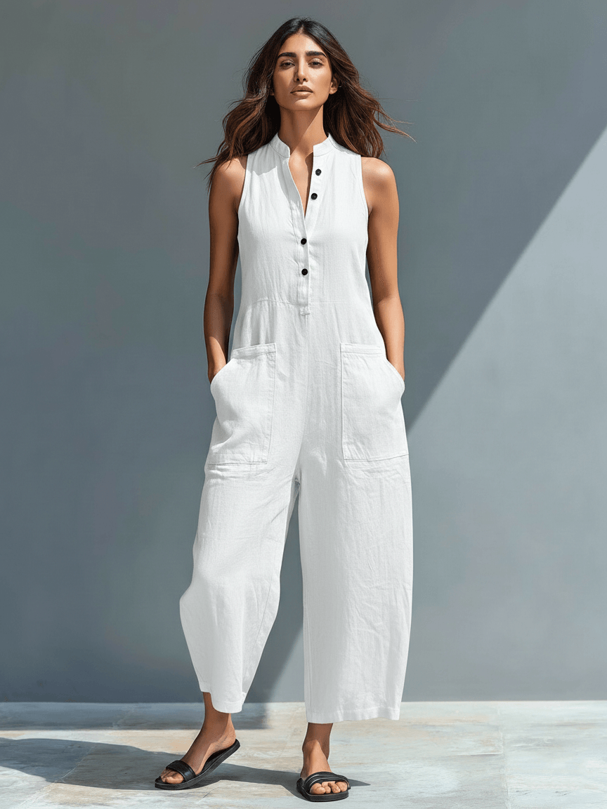 Women's High-Collar Linen Blend Jumpsuit with Button Front and Pockets