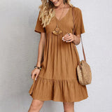 Audrey Boho Mini Dress with V-Neck Ruffle Hem and Short Sleeves