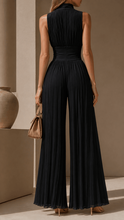 Women's Sleeveless Pleated Wide-Leg Linen Jumpsuit with Zip Front