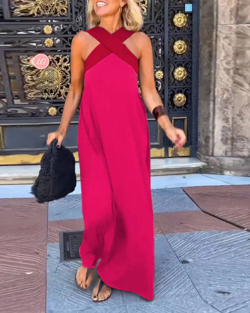 Sleeveless Crossover Halter Linen Summer Maxi Dress with Flowing Skirt