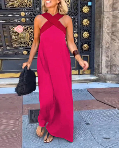 Sleeveless Crossover Halter Linen Summer Maxi Dress with Flowing Skirt