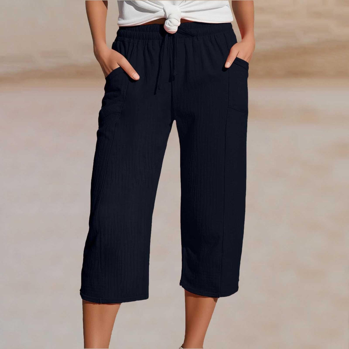 Women's Cotton Linen Cropped Wide-Leg Pants with Drawstring Waist