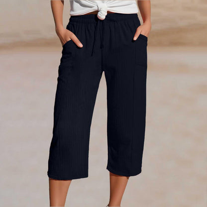 Women's Cotton Linen Cropped Wide-Leg Pants with Drawstring Waist