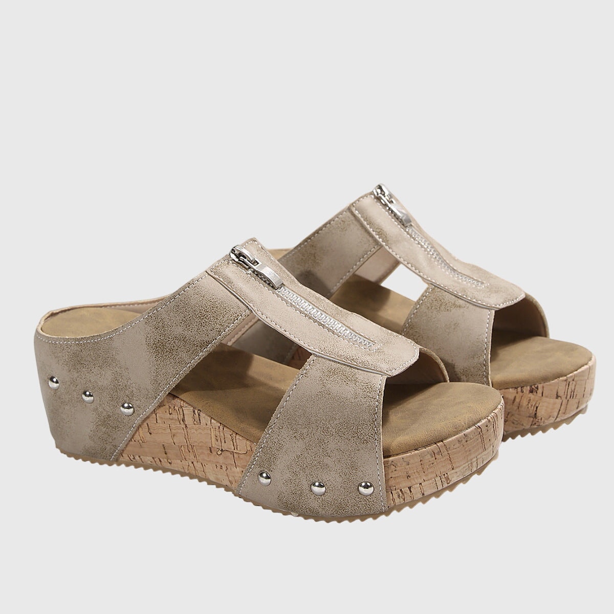 Jazlyn Orthopedic Open-Toe Wedge Sandals with Front Zip and Metal Stud Detail
