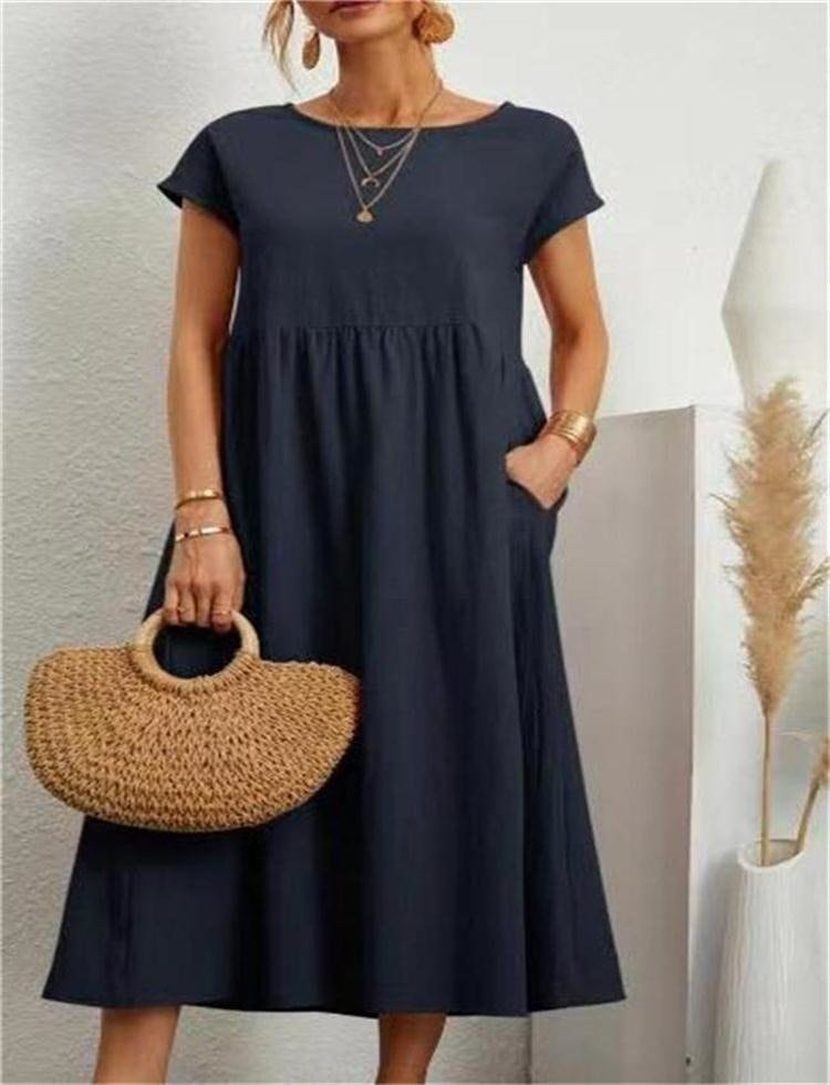 Cotton Blend Women's Midi Dress with Pockets and Cap Sleeves