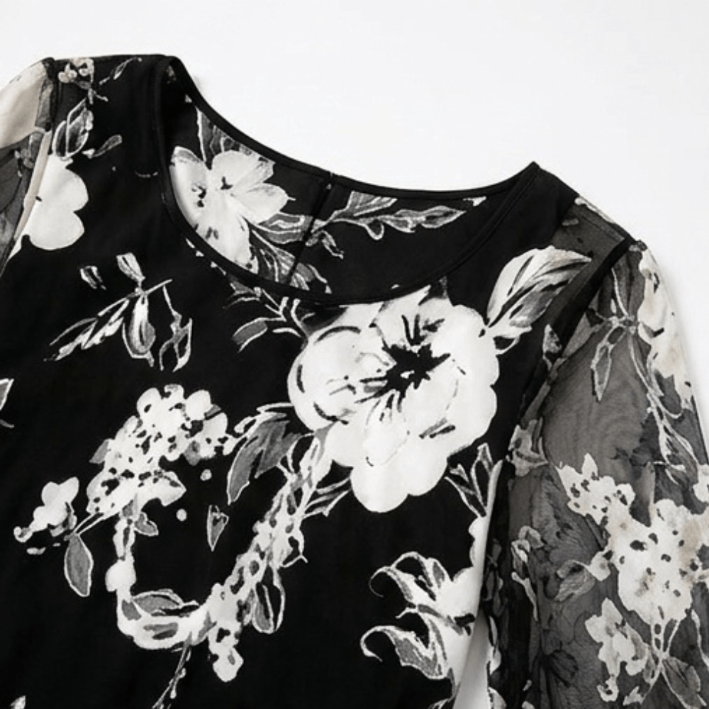 Solenya Black Floral Chiffon A-Line Women's Midi Dress with Sheer Overlay