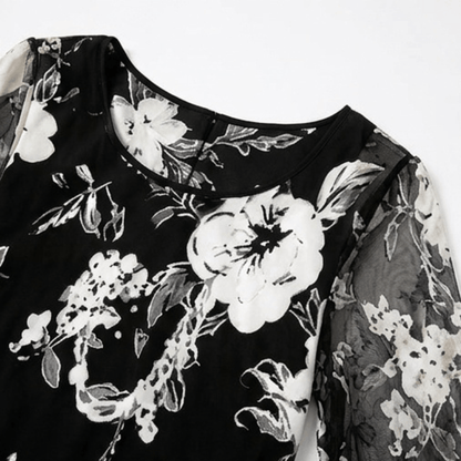 Solenya Black Floral Chiffon A-Line Women's Midi Dress with Sheer Overlay