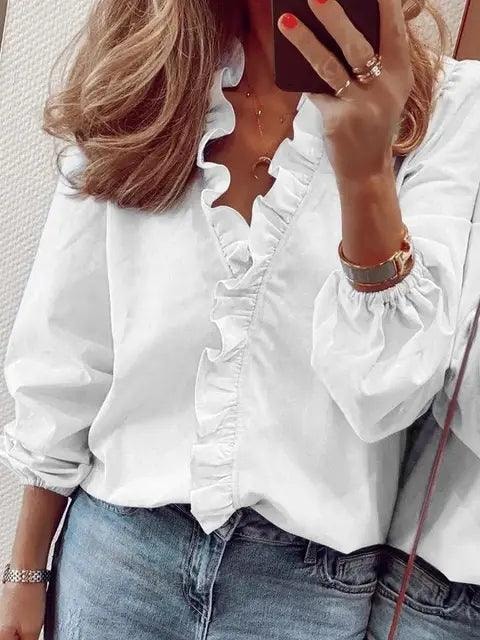 Women's Long Sleeve Blouse with Ruffle V-Neck and Gathered Cuffs