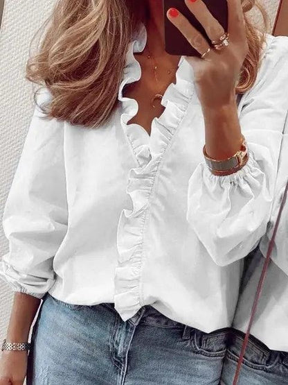 Women's Long Sleeve Blouse with Ruffle V-Neck and Gathered Cuffs