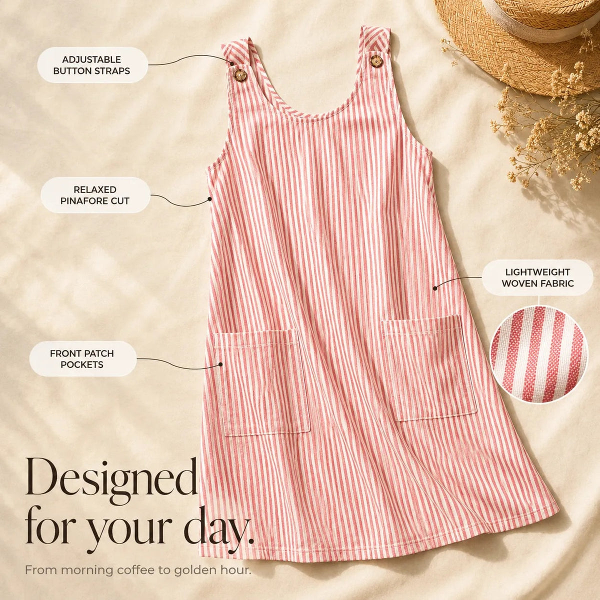 Solene Striped Button-Strap Pinafore Women's Midi Dress with Pockets