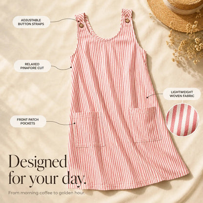 Solene Striped Button-Strap Pinafore Women's Midi Dress with Pockets