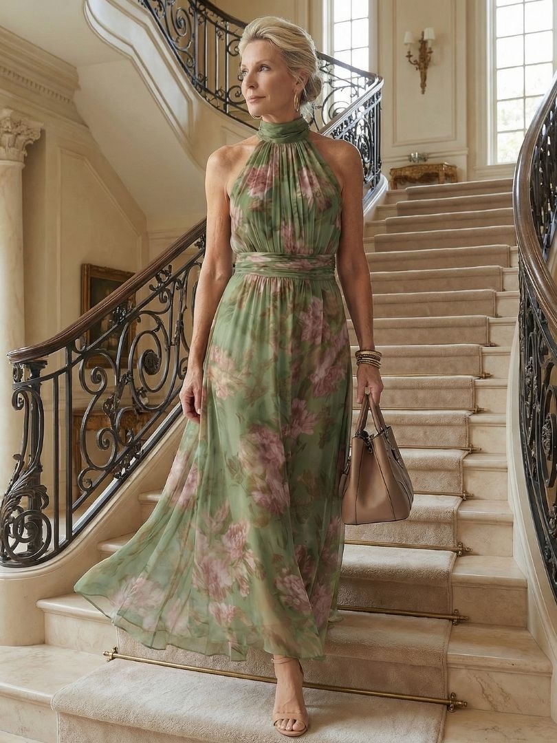 Floral Halter-Neck Summer Maxi Dress with Cinched Waist for Women