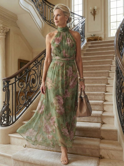 Floral Halter-Neck Summer Maxi Dress with Cinched Waist for Women