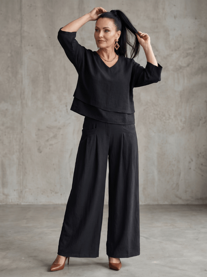 Matching Co-Ord Two-Piece Set with Layered V-Neck Top and Wide-Leg Pants